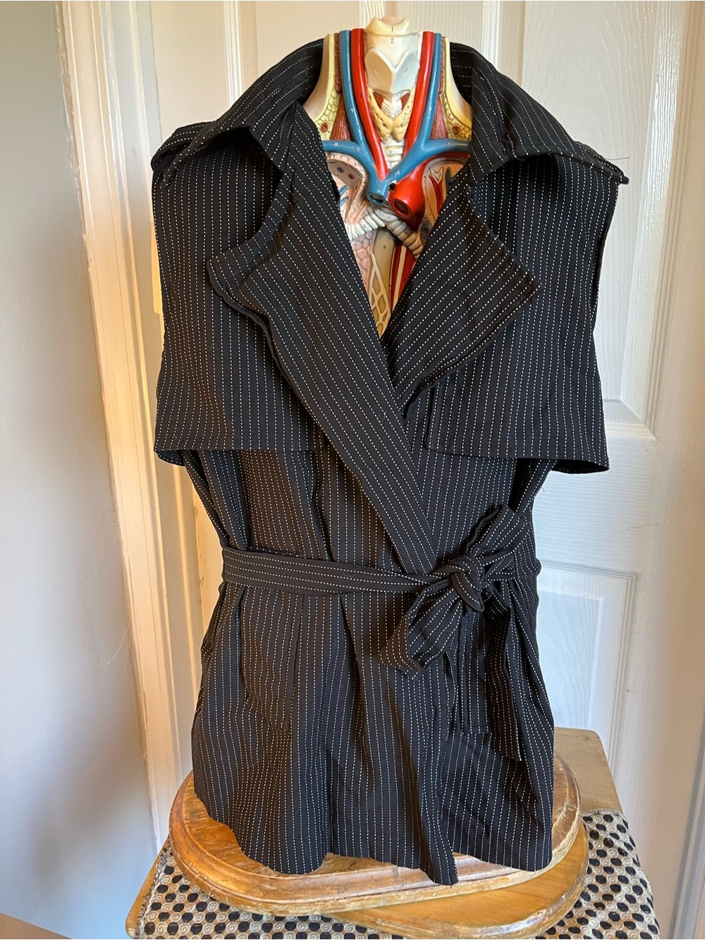 Black Pinstripe Sleeveless Trench Vest with Waist Tie